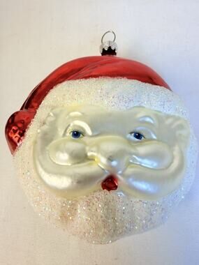 Vtg Germany Nast Style Santa Head Glass Ornament Mica Blue Decal Eyes